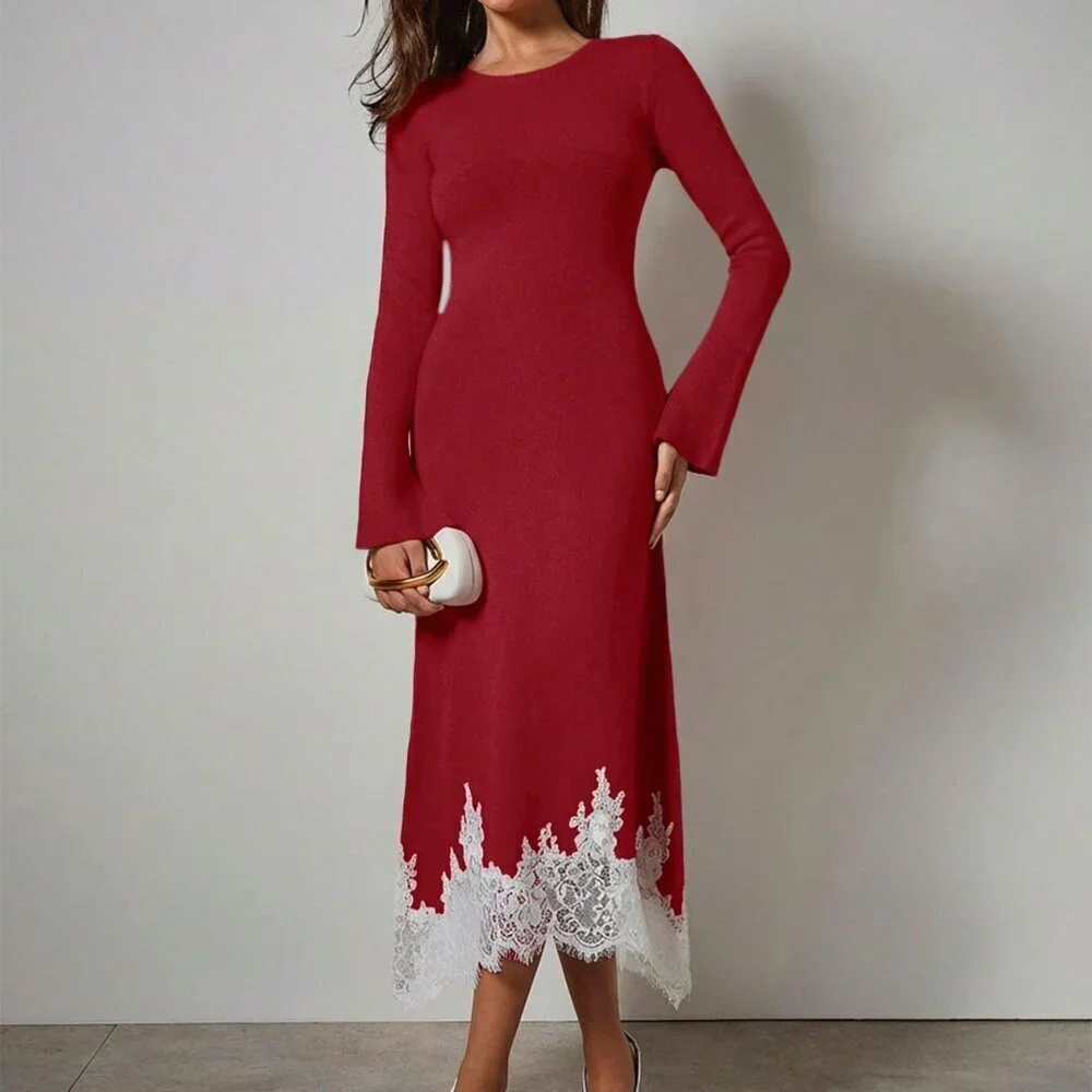 Burgundy Elegant Women's Asymmetrical Flare Sleeve lace detailed Sweater Dress